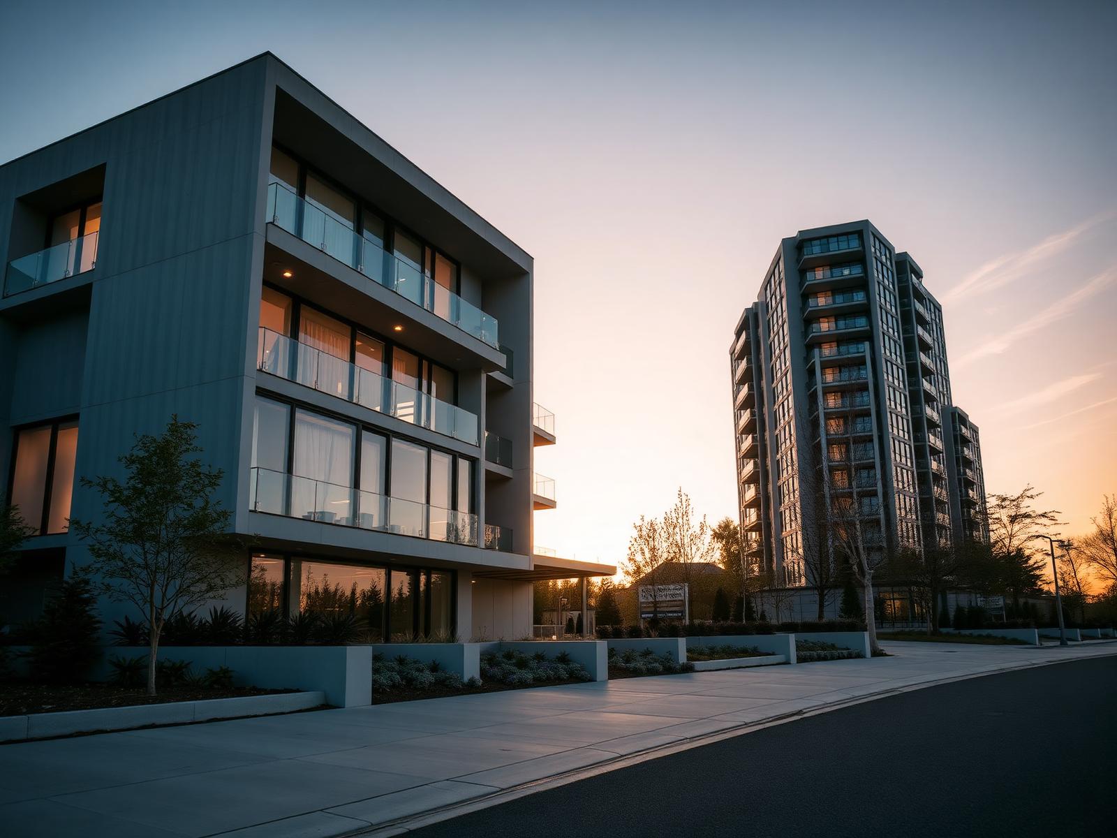Edificio residencial moderno al atardecer